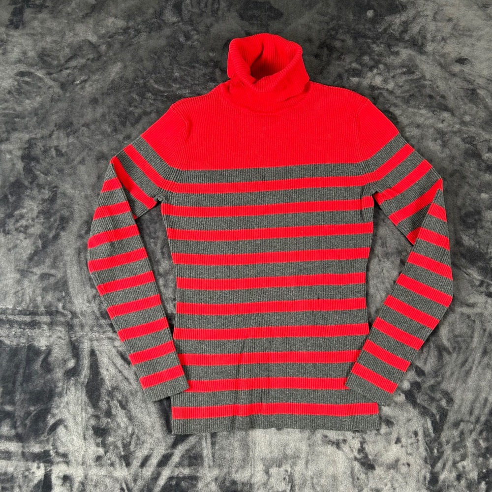 Liz Claiborne Turtleneck Sweater Womens‎ Size S Red Grey Striped Ribbed Knit